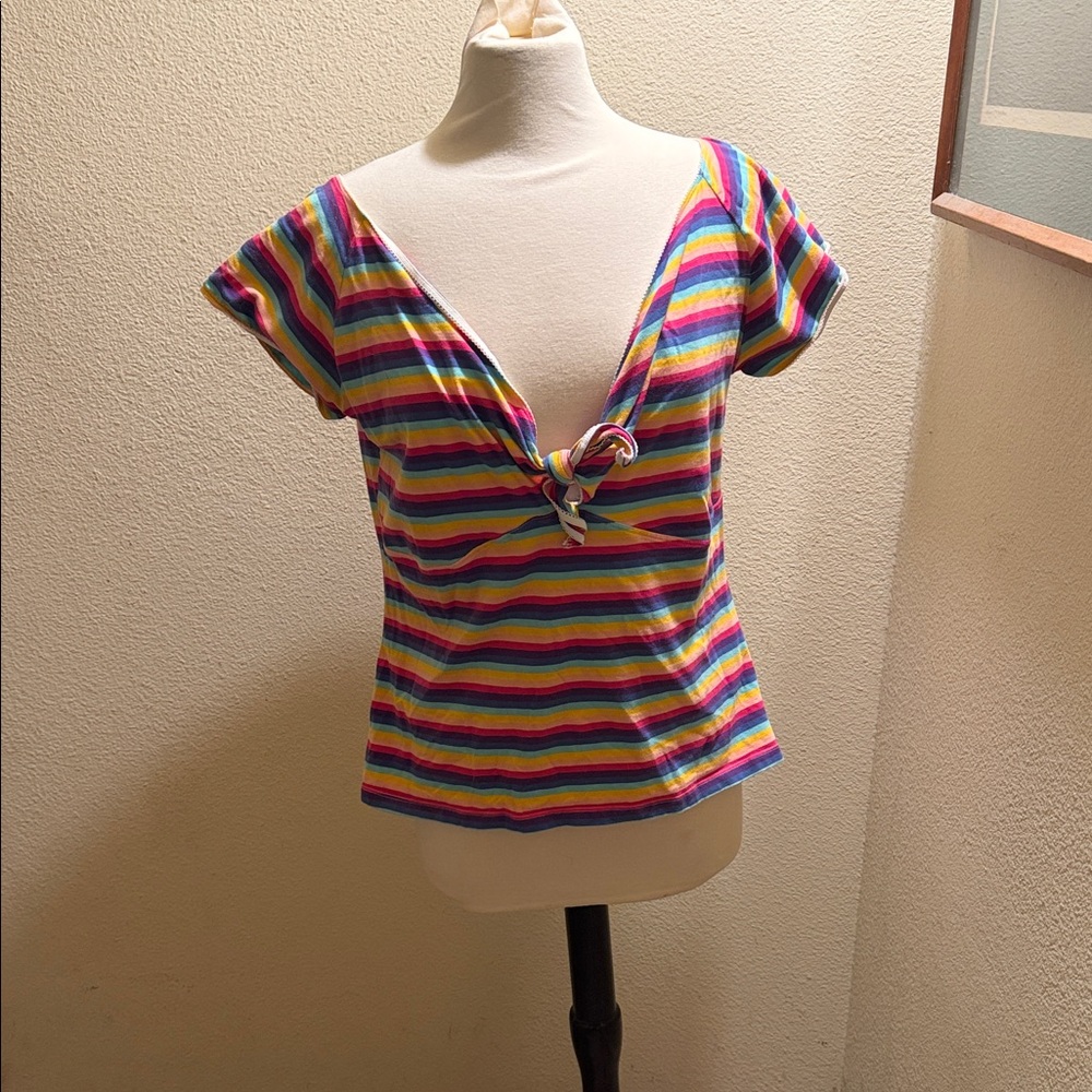 Striped Tie-Front Cap Sleeve Top - Multi